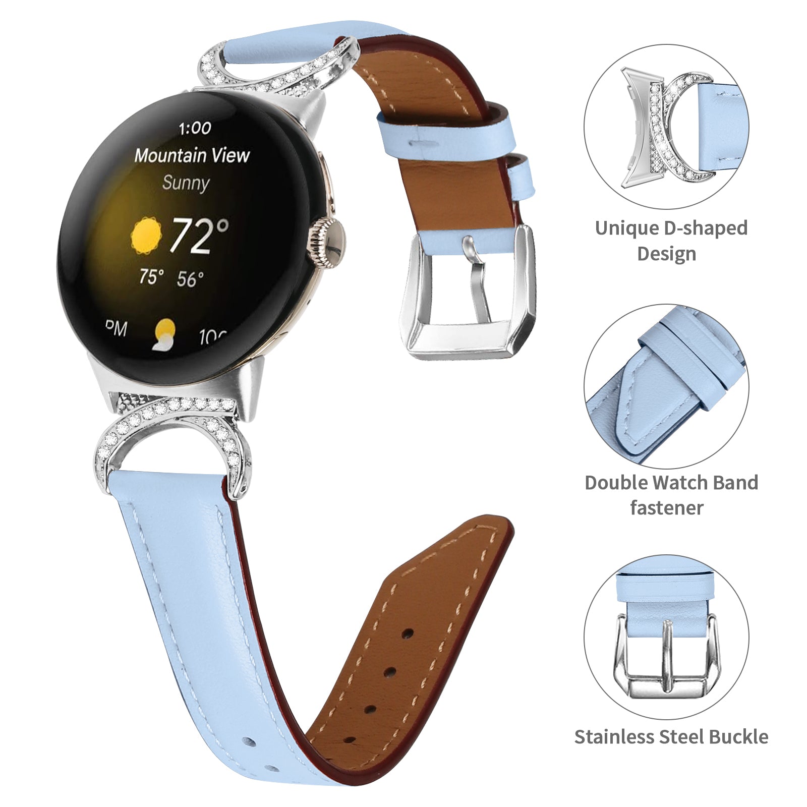 For Google Pixel Watch 2 Pixel Watch Replacement Strap Rhinestone Decor D-shape Connector Split Leather Wrist Band with Silver Buckle For Google Pixel Watch 2 Pixel Watch Replacement Strap Rhinestone Decor D-shape Connector Split Leather Wrist Band with Silver Buckle